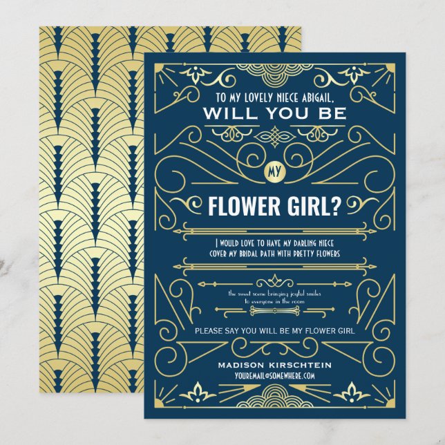 Art Deco Will You Be My Flower Girl Gold Dark Blue Invitation (Front/Back)