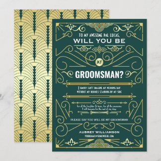 Art Deco Will You Be My Groomsman Gold Green Invitation