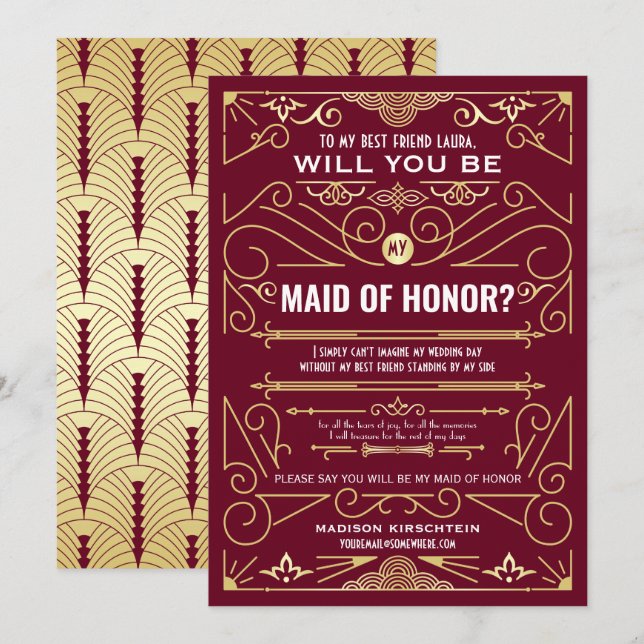 Art Deco Will You Be My Maid of Honour Burgundy Invitation (Front/Back)