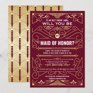 Art Deco Will You Be My Maid of Honour Burgundy Invitation