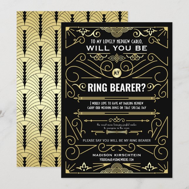 Art Deco Will You Be My Ring Bearer Gold Black Invitation (Front/Back)