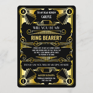 Art Deco Will You Be My Ring Bearer Gold & Black Invitation
