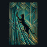 Art Deco Windowsill Black Cat Wall Art<br><div class="desc">A contemplative black cat silhouette perches on a geometric teal windowsill gazing outward,  framed by stylised golden curtain folds and orange sunset rays. This elegant 1920s scene brings peaceful sophistication to bedrooms,  hallways and living spaces.</div>