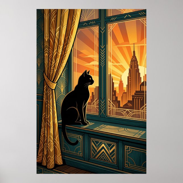Art Deco Windowsill Gazing Cat Wall Art (Front)
