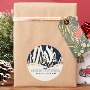 Art Deco Winter Christmas Village Navy blue Classic Round Sticker