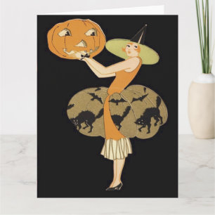 Art Deco Witch Jack O Lantern Pumpkin Black Cat Card