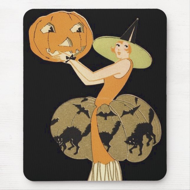 Art Deco Witch Jack O Lantern Pumpkin Black Cat Mouse Pad (Front)