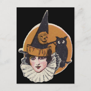 Art Deco Witch Jack O Lantern Pumpkin Owl Postcard