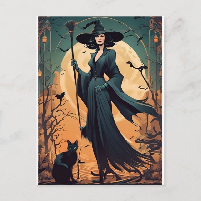 Art Deco Witch with Black Cat and Full Moon Holiday Postcard (Front)