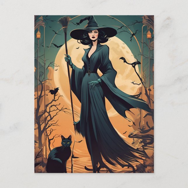 Art Deco Witch with Black Cat and Full Moon Postcard (Front)