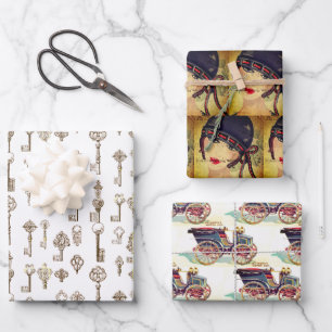 Art Deco Woman and Car Vintage Keys Wrapping Paper Sheet