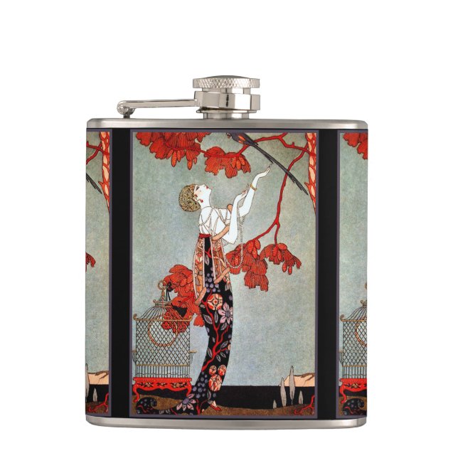 Art Deco Woman and the Parrot Hip Flask (Front)