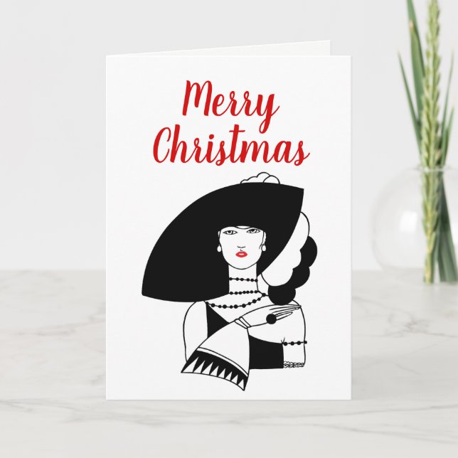 Art Deco Woman In Big Hat Gloves RL Christmas Xmas Holiday Card (Front)