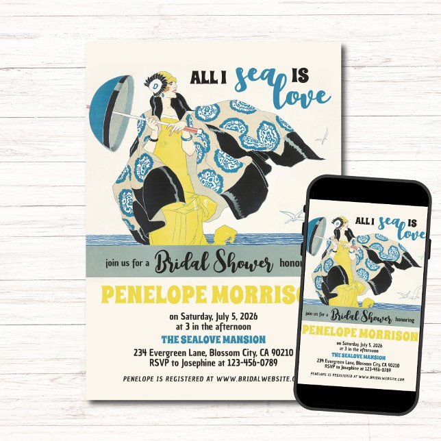 Art Deco Woman in Love by the Sea Bridal Shower Invitation (Creator Uploaded)