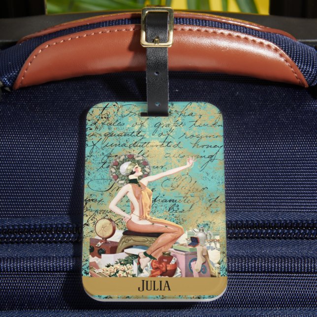 Art Deco Woman Personalised Luggage Tag (Front Insitu 2)