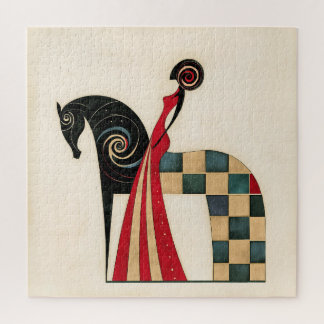Art Deco Woman Riding a Geometric Black Horse Jigsaw Puzzle