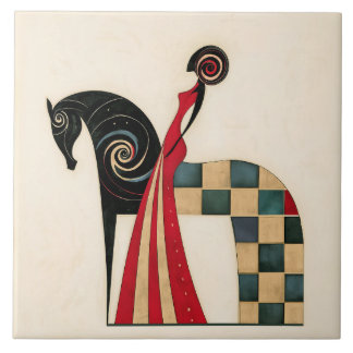 Art Deco Woman Riding a Geometric Black Horse Tile