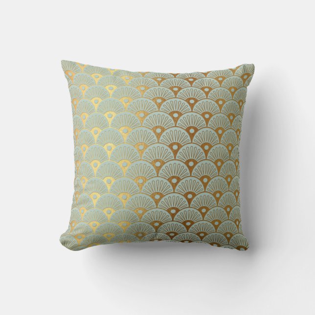 Art Deco Yacht Club Mint Green Golden Seashells Cushion (Front)