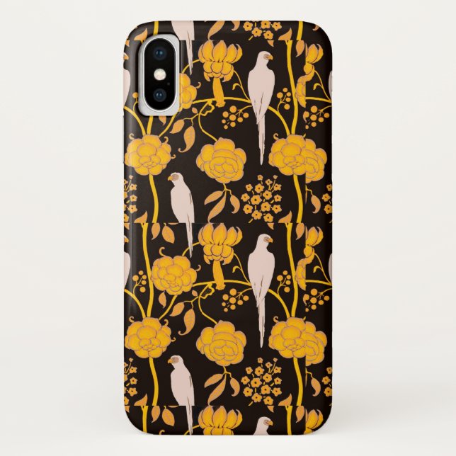 ART DECO YELLOW FLOWERS,WHITE PARROTS ON BLACK Case-Mate iPhone CASE (Back)