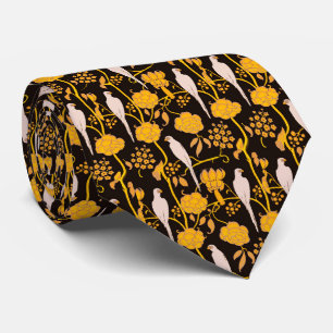 ART DECO YELLOW FLOWERS,WHITE PARROTS ON BLACK TIE