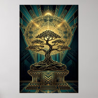 Art Deco Zen Bonsai Tree Mandala Gold Teal Poster