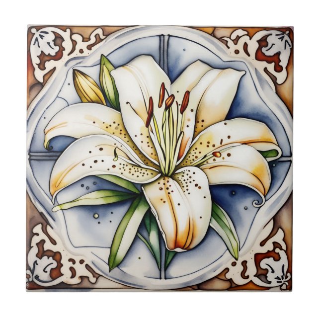 art decor lily antique ornate ceramic tiles (Front)