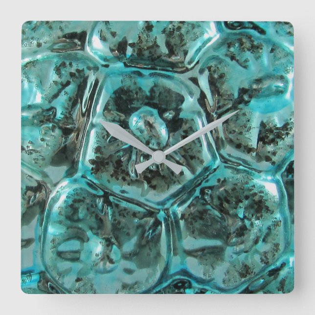 Art Glass Teal Blue Jewel Turtle Shell Square Wall Clock (Front)