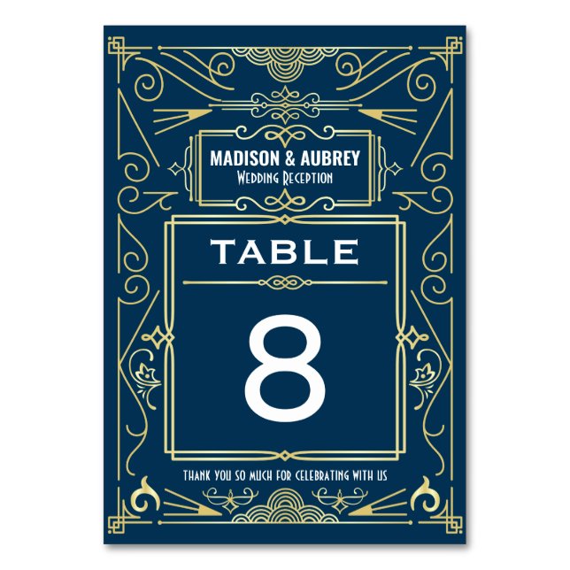 Art Gold Blue Gatsby 1920s Deco Wedding Reception Table Number (Front)