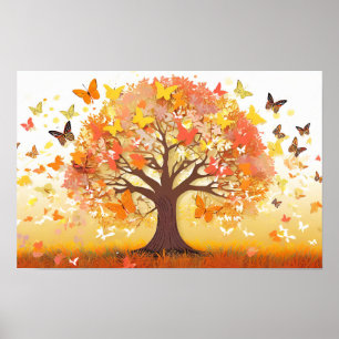 Art illustration of a tree with butterflies poster