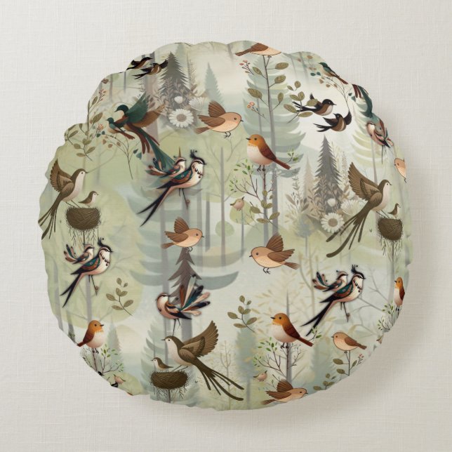 Art illustration of modern-style simplistic birds round cushion (Front)