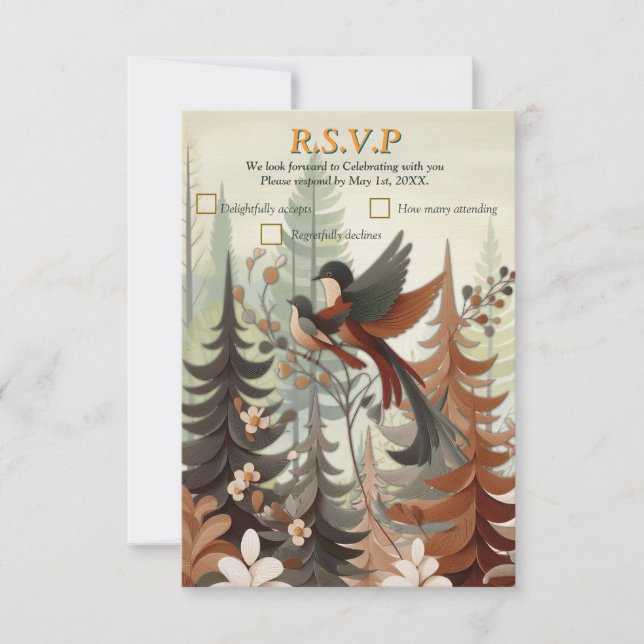 Art illustration of modern-style simplistic birds RSVP card (Front)