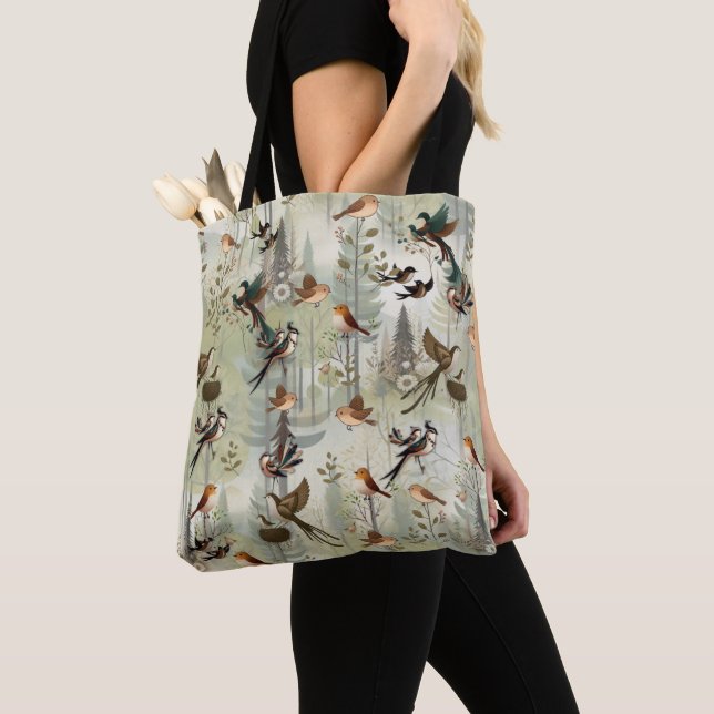 Art illustration of modern-style simplistic birds tote bag (Close Up)