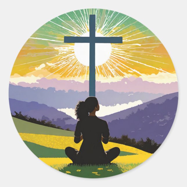 Art illustration of woman sitting praying classic round sticker (Front)