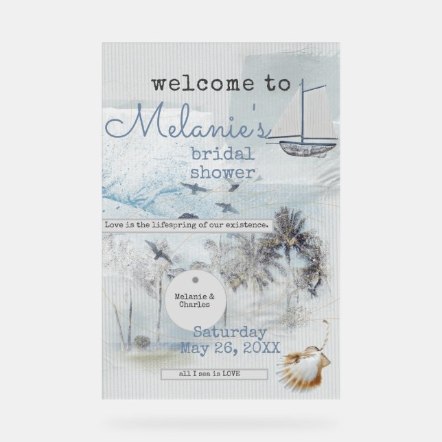 Art Journal Coastal Collage Bridal Shower Acrylic Sign (Front)