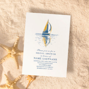 Art Navy Blue Yellow Sailing Boat Bridal Shower In Invitation
