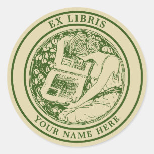 Art Nouveau 1903 Woman & Book Ex Libris Template Classic Round Sticker