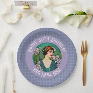 Art Nouveau 80th / custom Birthday - your Photo Paper Plate