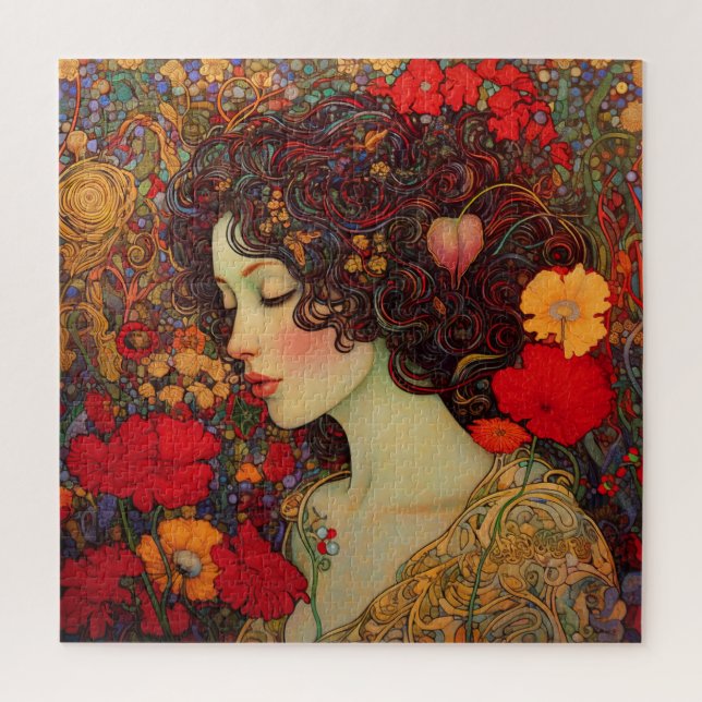 Art Nouveau A Woman Amidst Red and Gold Poppies Jigsaw Puzzle (Vertical)