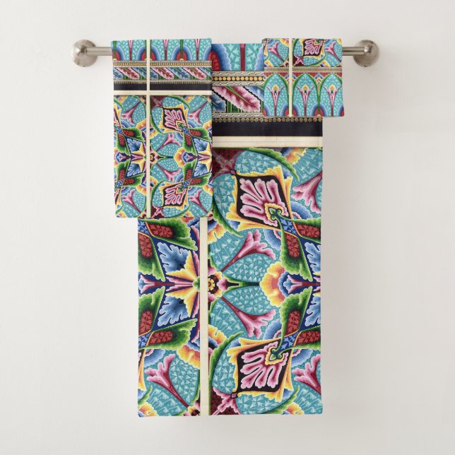 Art nouveau abstract colourful textile art blue  bath towel set (Insitu)