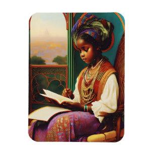 Art Nouveau African American girl reading book Magnet