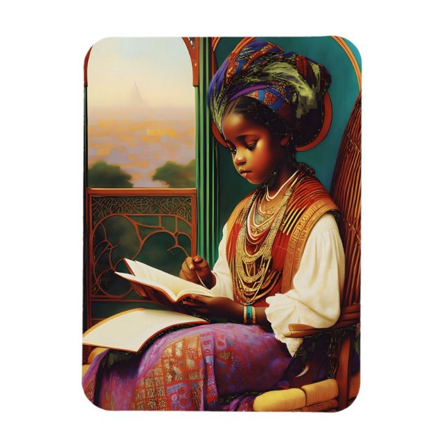 Art Nouveau African American girl reading book Magnet (Vertical)
