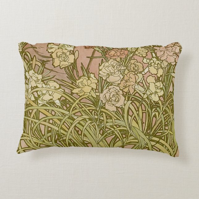 Art Nouveau Alfonse Mucha Floral carnation flowers Decorative Cushion (Back)
