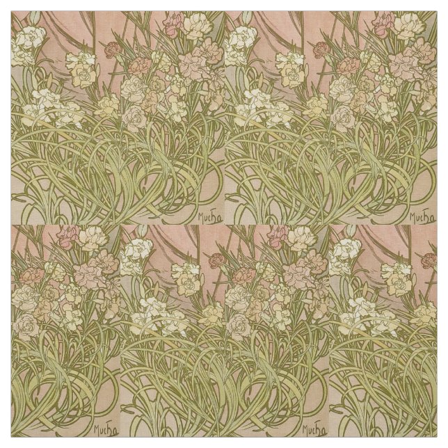 Art Nouveau Alfonse Mucha Floral carnation flowers Fabric (Swatch)