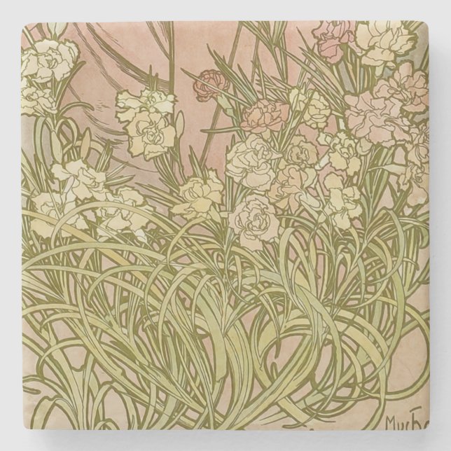 Art Nouveau Alfonse Mucha Floral carnation flowers Stone Coaster (Front)