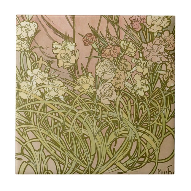 Art Nouveau Alfonse Mucha Floral carnation flowers Tile (Front)