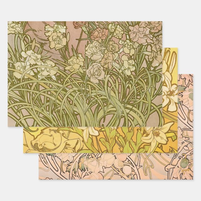 Art Nouveau Alfonse Mucha Floral carnation flowers Wrapping Paper Sheet (Set)