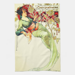 Art nouveau Alphonse Mucha Chrysantheme autumn Tea Towel