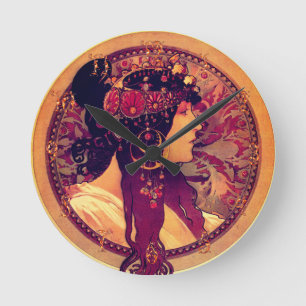 Art nouveau Alphonse Mucha Donna elegant woman Round Clock