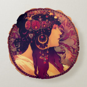 Art nouveau Alphonse Mucha Donna Orechini elegant Round Cushion