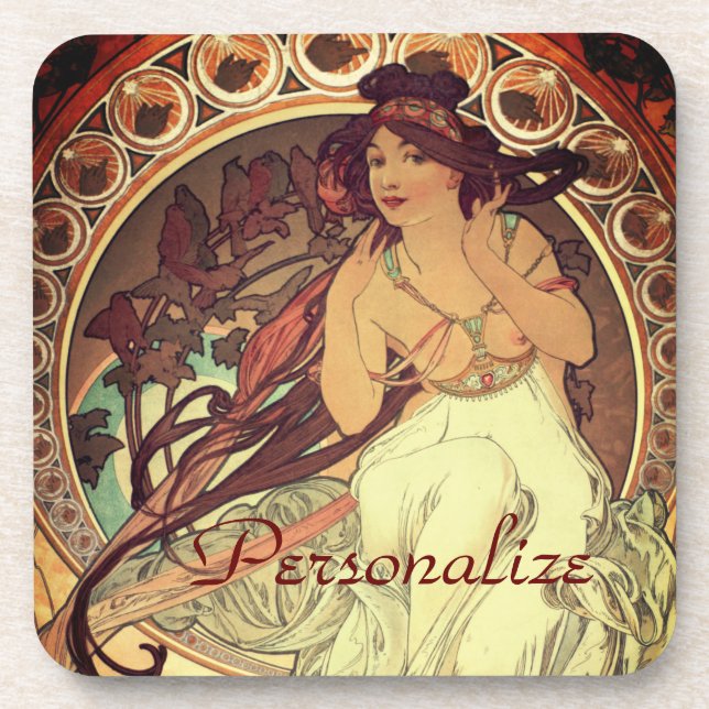Art nouveau Alphonse Mucha elegant vintage woman Coaster (Front)